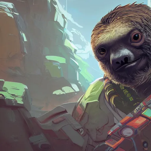 Prompt: lazy sloth as apex legends character, digital illustration portrait design, by android jones and greg rutkowski, retrowave color scheme, detailed, cinematic lighting, wide angle action dynamic portrait