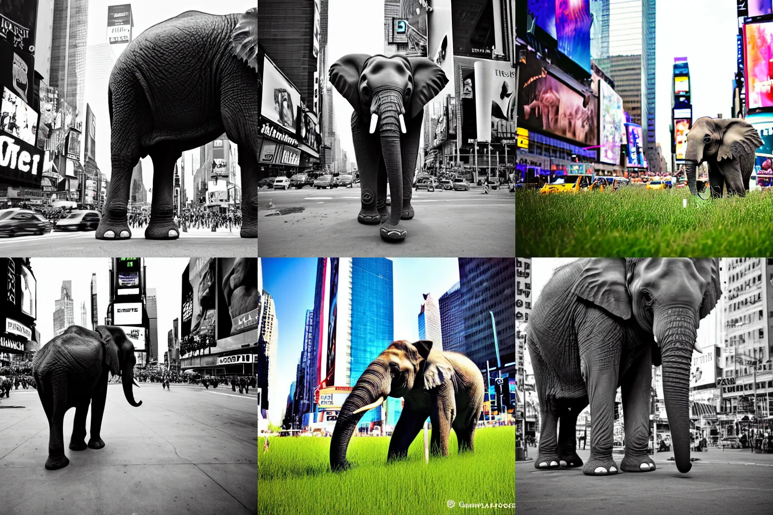 Prompt: an elephant made of grass standing times square, professional photography, 35mm, award winning