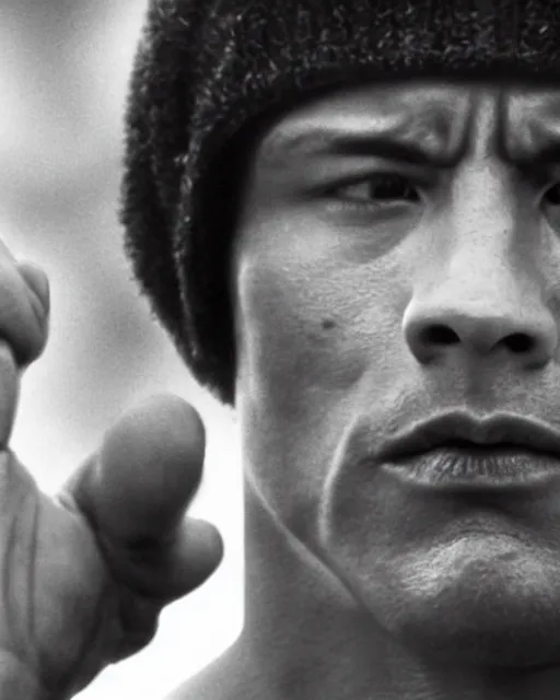 Image similar to Film still close-up shot of Dwayne Johnson as Rocky Balboa from the movie Rocky. Photographic, photography