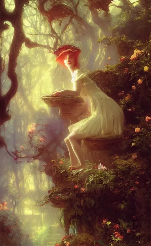 Image similar to Alice in the wonderland by Raphael Lacoste and Pierre Auguste Cot and Delphin Enjolras and Daniel F. Gerhartz