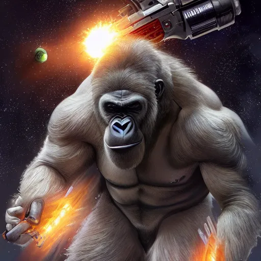 Image similar to detailed science - fiction character portrait of a silverback gorilla shooting a alien gun in space, intricate, wild, highly detailed, digital painting, artstation, concept art, smooth, sharp focus, illustration, art by artgerm and greg rutkowski and alphonse mucha