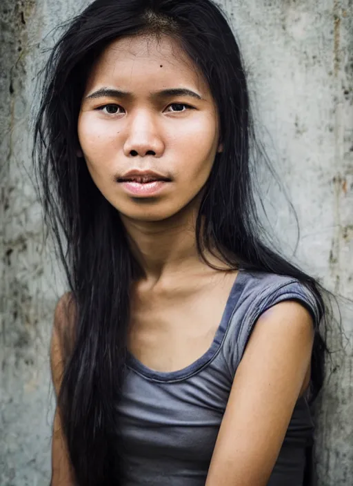 Image similar to Mid-shot portrait of a beautiful 20-years-old woman from Indonesia, with long hair, candid street portrait in the style of Martin Schoeller award winning, Sony a7R