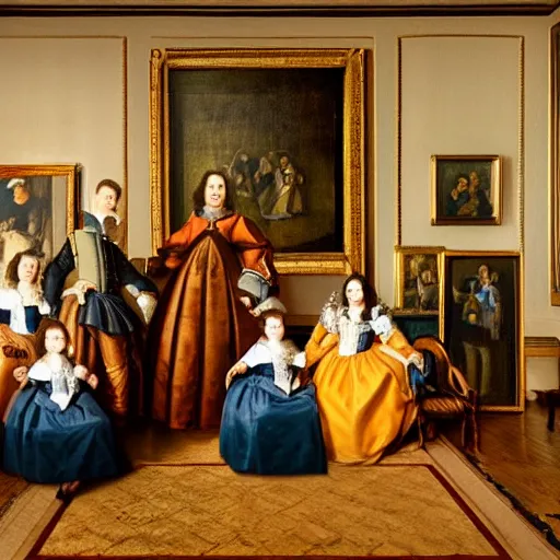 Image similar to oil canva family portrait in the main room of the castle painted in 1 6 5 6, dark room, one point of light coming through the window inspired by las meninas, spaces between subjects and good detail and realistic face form for each person in the canva, inspired by diego velasquez better quiality