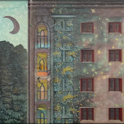 Image similar to fresco on a building, with dragon and falling stars, dark faded colors, in style of henri rousseau, highly detailed, unreal engine, photorealism