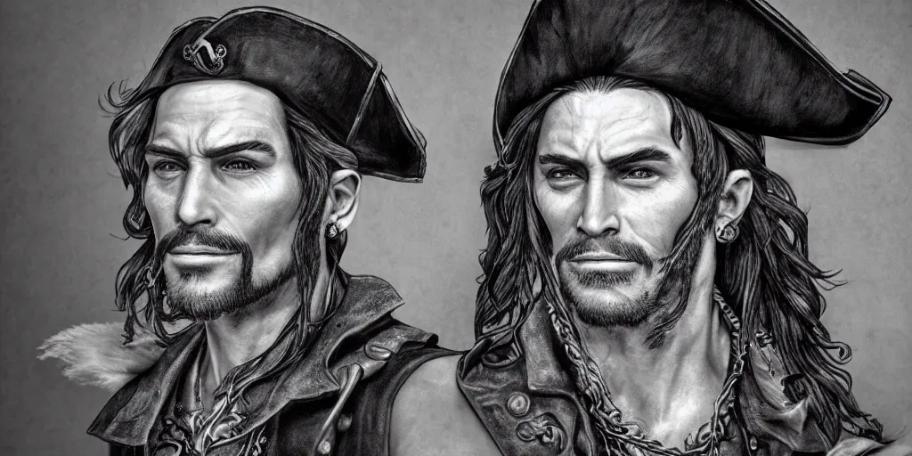 Image similar to realistic portrait of a handsome pirate captain with black hair, 1450, ink, ultra realistic, 8k