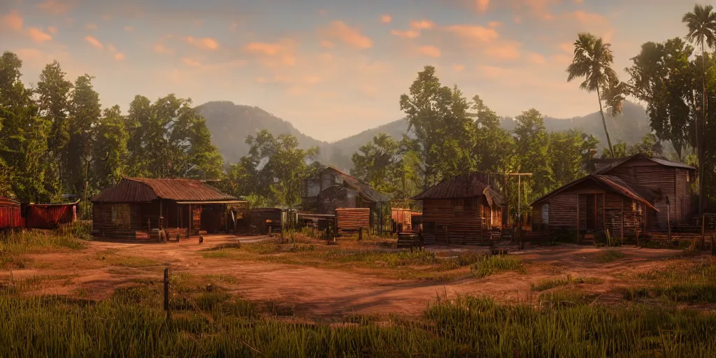 Image similar to a typical kerala village in the style of red dead redemption 2, cinematic, trending on Artstation CGSociety rendered in Unreal Engine 4k HQ