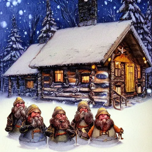 Image similar to many dwarves in front of a warm cabin in the snow, winter wonderland, cozy, nostalgia, Christmas, warmness, artwork in the style of Alan Lee