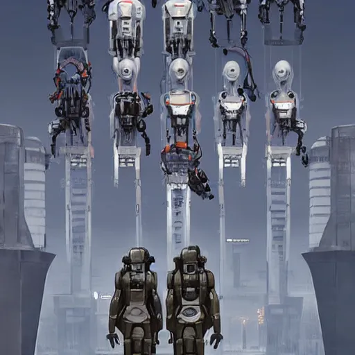 Prompt: propaganda poster of robots and humans standing side by side, side view photo, by greg rutkowski
