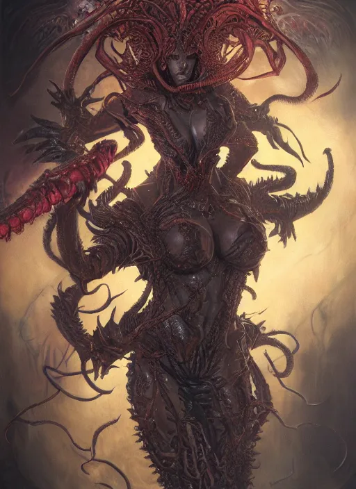 Image similar to a hyper detailed full body portrait of the queen of blades, diablo 4 lilith, sideshow figurines, cthulu, by dorian cleavenger, greg rutkowski, wlop, astri lohne, zdzisław beksinski trending on artstation