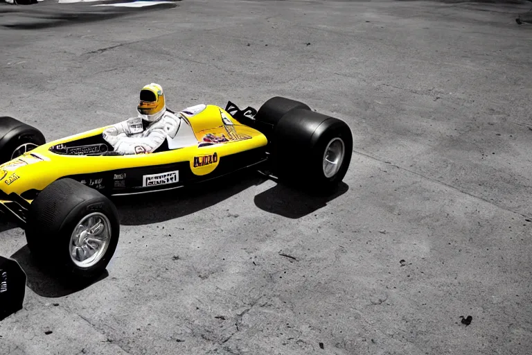 Prompt: a photograph of a formula one car sponsored by a banana company, wide angle lens, fujifilm, 24mm, fuji velvia, dramatic lighting