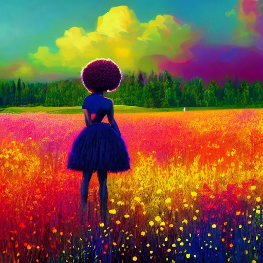 Image similar to afro made of colorful flowers, full body, girl standing in the middle of a field with flowers, surreal photography, hills, big trees, sunrise dramatic light, impressionist painting, colorful clouds, digital painting, pointillism, artstation, simon stalenhag