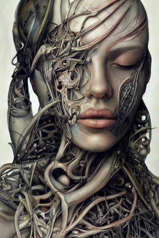 Prompt: beautiful painting portrait of biomechanical being by marco mazzoni, detailed, realistic skin color