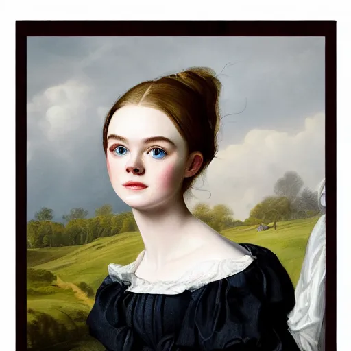 Prompt: professional painting of Elle Fanning in the style of Asher Brown Durand, head and shoulders portrait, symmetrical facial features, smooth, sharp focus, illustration, intricate, stormy weather, extremely detailed masterpiece,