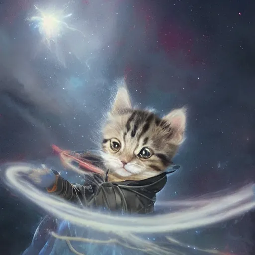 Image similar to a single cartoonish kitten dressed as Gandalf floating in space, bright stars, anime, a fantasy digital painting by Greg Rutkowski and James Gurney, trending on Artstation, highly detailed