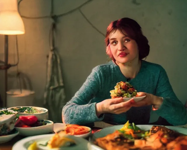 Prompt: a russian woman sitting at a table with a plate of food in dark warm light, a character portrait by nadya rusheva, featured on cg society, neo - fauvism, movie still, 8 k, fauvism, cinestill, bokeh