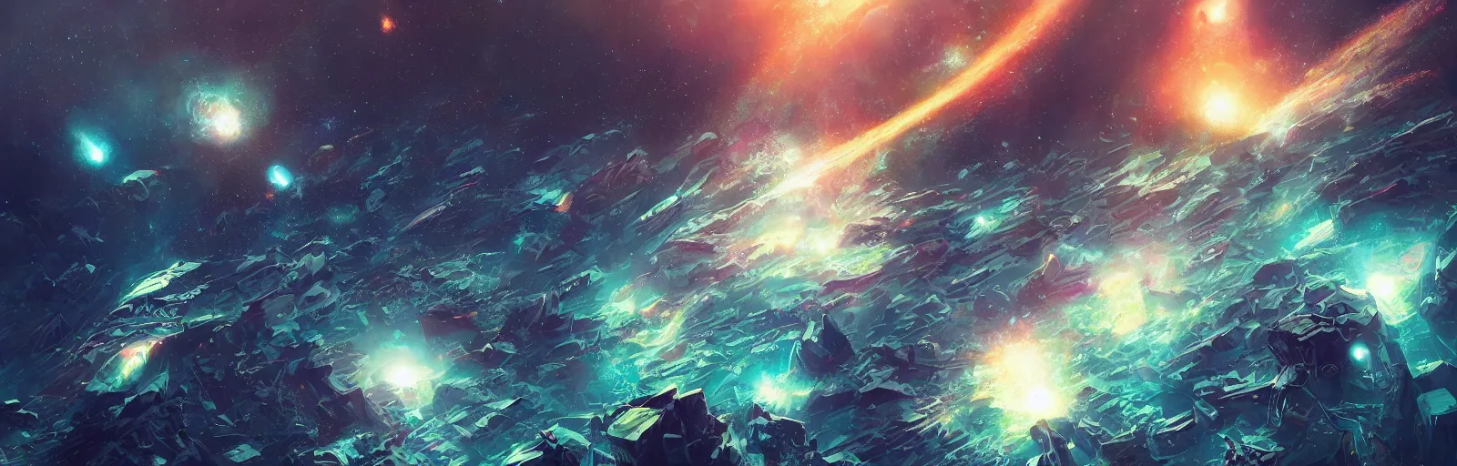 Prompt: concept art of an alien outer space galaxy, open expanse, stars, meteorites, floating debris, beautiful, fantasy, colorful, cinematic lighting, artstation, trending, highly detailed, focus, smooth, by studio ghibli, rossdraws, hirohiko araki, conrad roset, yoshitaka amano