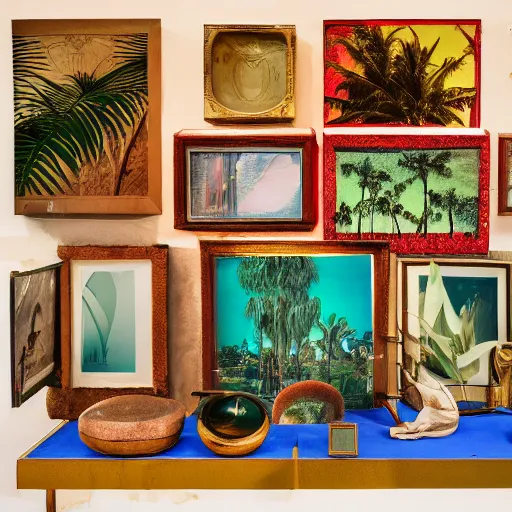 Prompt: An offset photography of a composition of five object on display, colors, (anthropology of wonder), ((((exotic artifacts)))), bauhause, tropicalism, (colonial expedition), exhibition print, 60s style