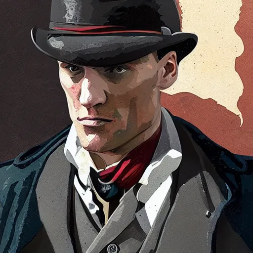 Prompt: tommy shelby pointing a gun, Red Dead Redemption 2 art, Detailed