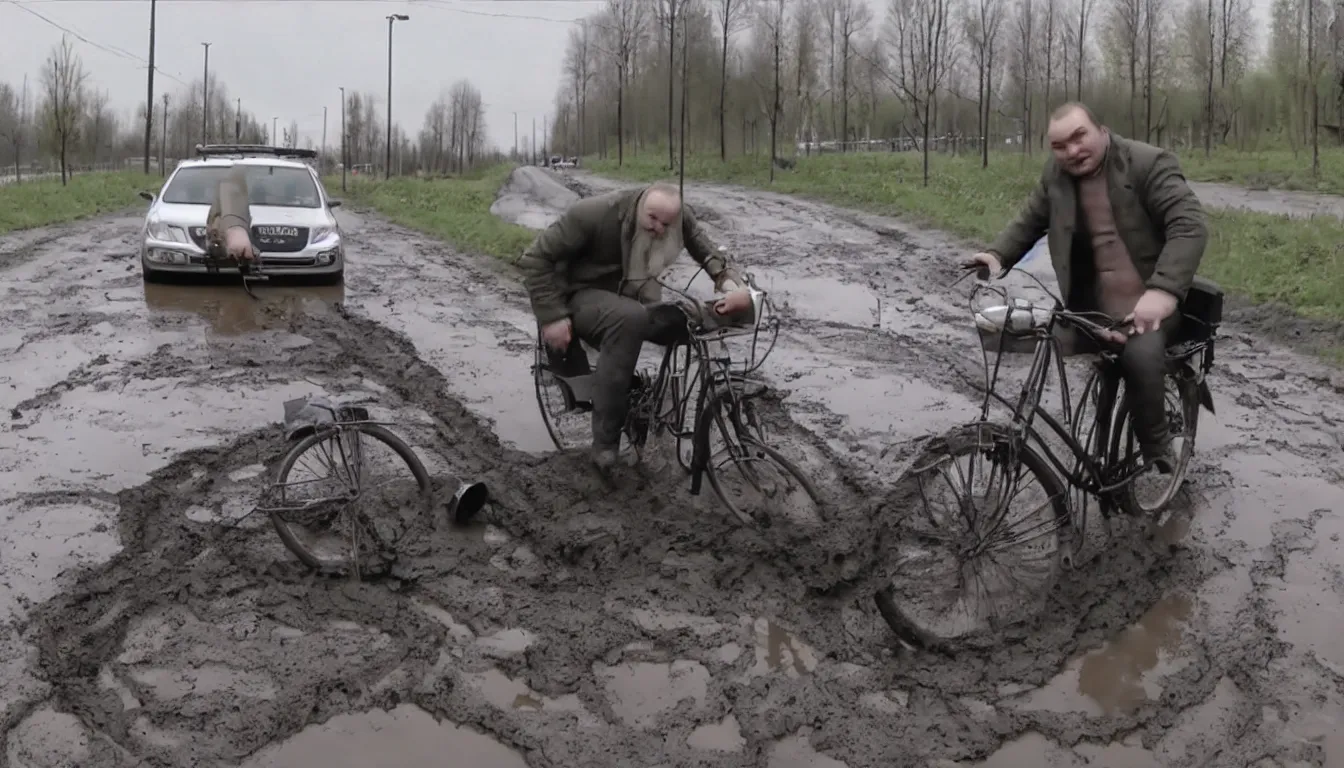 Image similar to drunk russian man driving bicycle trough potholes and mud, hilarious, funny, meme, realistic, detailed, 4 k