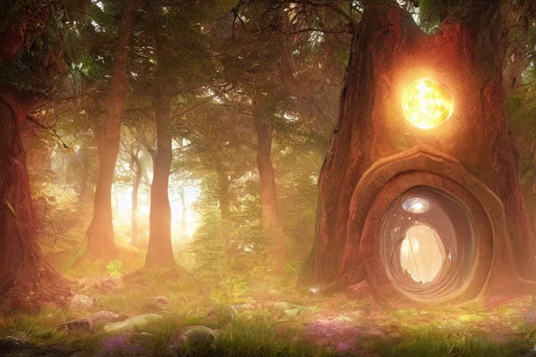 Image similar to A cosmic portal in a fantasy enchanted forest. Cinematic lighting. Photorealism.