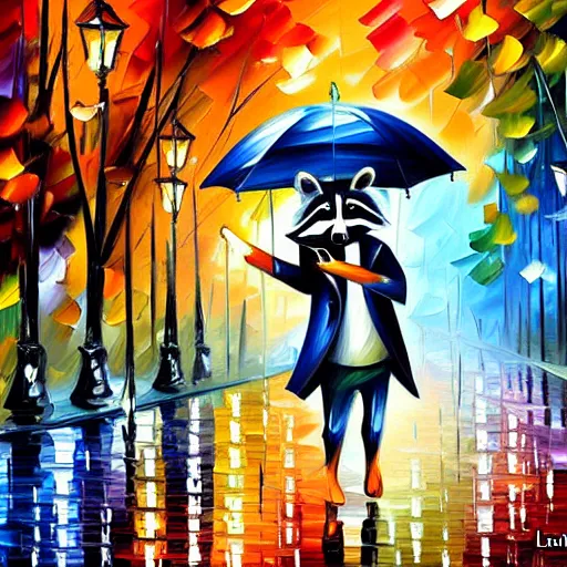 Image similar to raccoon with umbrella in the rain, by leonid afremov