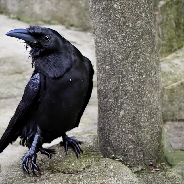 Prompt: a person wearing a fursuit of a crow fursona, fursona, furry convention, photograph, furry fandom, photorealistic,