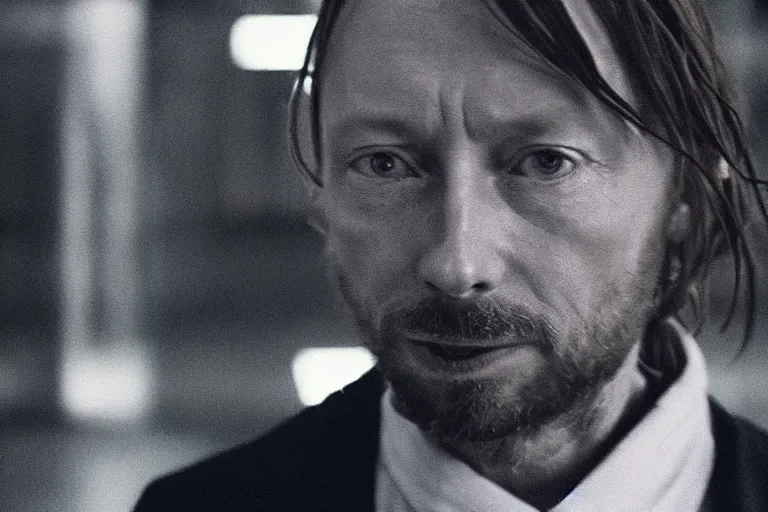 Image similar to ! dream a film portrait still of thom yorke in new york, gritty cyberpunk atmosphere. realism, cinematic lighting, 4 k. 8 mm. grainy. panavision.