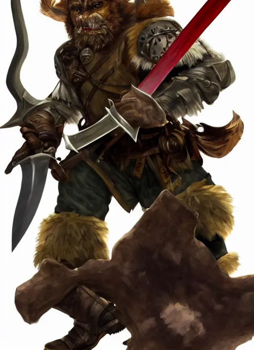 Prompt: strong young man, photorealistic bugbear ranger holding sword, fire magic, black beard, dungeons and dragons, pathfinder, roleplaying game art, hunters gear, jeweled ornate leather and steel armour, concept art, character design on white background, by sargent, norman rockwell, makoto shinkai, kim jung giu, artstation trending, poster art, colours red and green