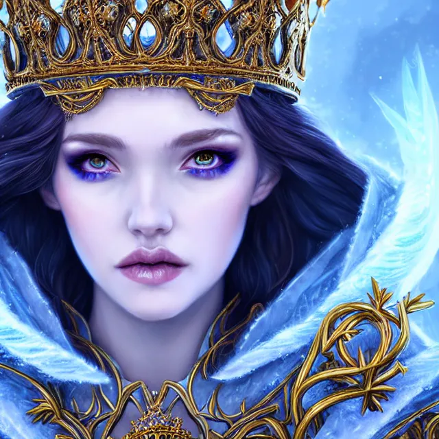 Image similar to beautiful cryromancer ice queen with ornate cloak and crown, highly detailed, 4 k, hdr, smooth, sharp focus, high resolution, award - winning photo, artgerm, photorealistic