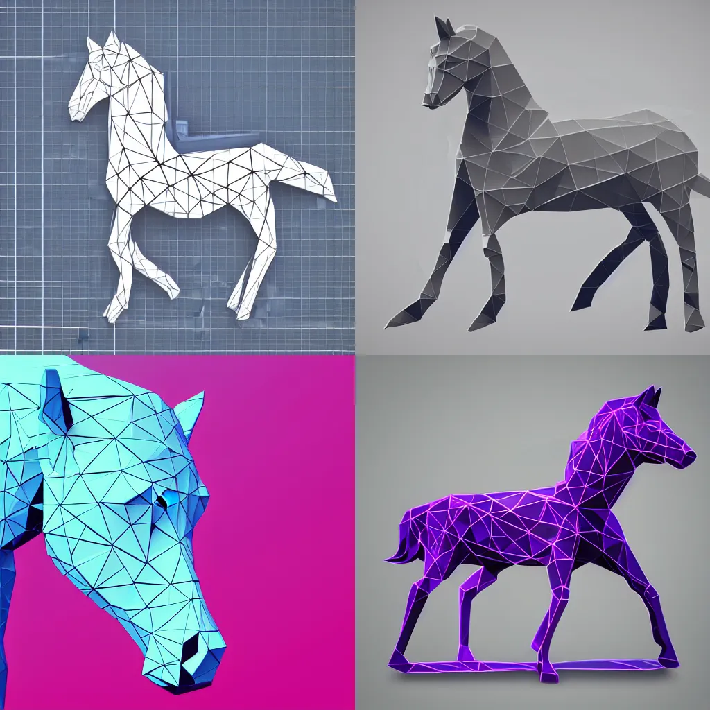 Prompt: Very low poly horse, wireframe retrowave