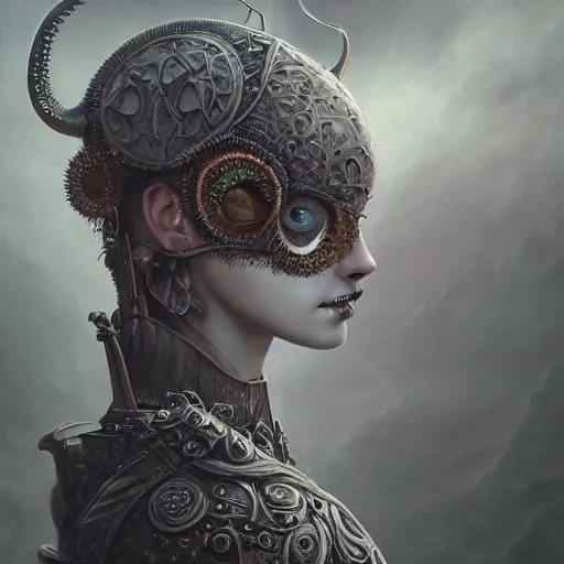 Prompt: curiosities soft paint portrait of a single beautiful warrior in full gothic armor, stunning photorealist eyes, symmetry accurate features, eyeballs, vegetation tentacles, dense volumetric fog, focus, very intricate ultrafine details, gloomy colors, award winning masterpiece, tom bagshaw artstyle