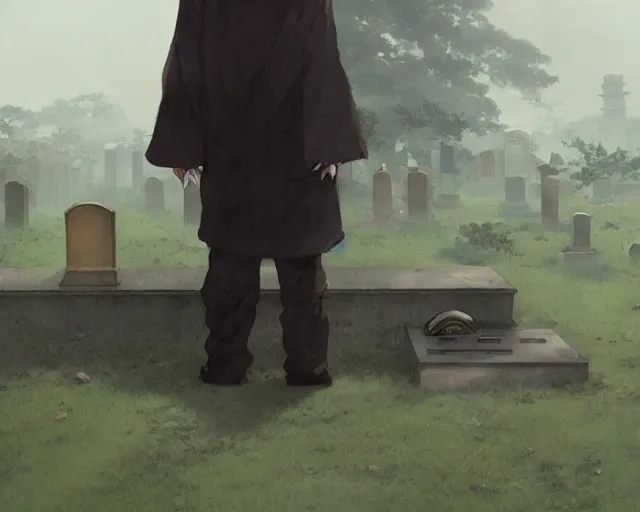 Image similar to a 50 year old brunnete chinese man leaning on the ground at a funeral in a cemetery next to the grim reaper, horror scene, dramatic, anime art, Greg Rutkowski, studio ghibli, dramatic lighting