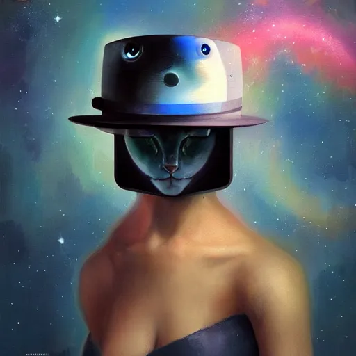 Image similar to a half robot cat wearing a hat medium shot, asymmetrical, profile picture, organic painting, nebula, matte painting, bold shapes, hard edges, street art, trending on artstation, by huang guangjian and gil elvgren and sachin teng