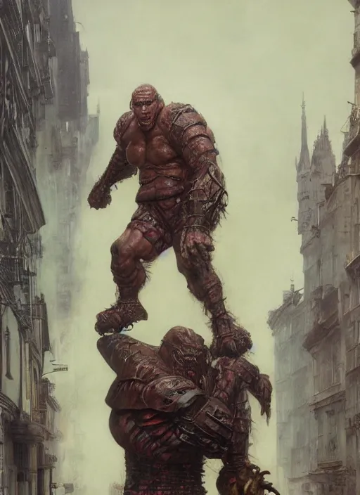 Image similar to full body portrait of martyn ford as huge towering bipedal horror beast with bulbous torso flaming hair wearing armour walks down city street, people flee, painted by ruan jia, raymond swanland, lawrence alma tadema, zdzislaw beksinski, norman rockwell, jack kirby, tom lovell, alex malveda, greg staples