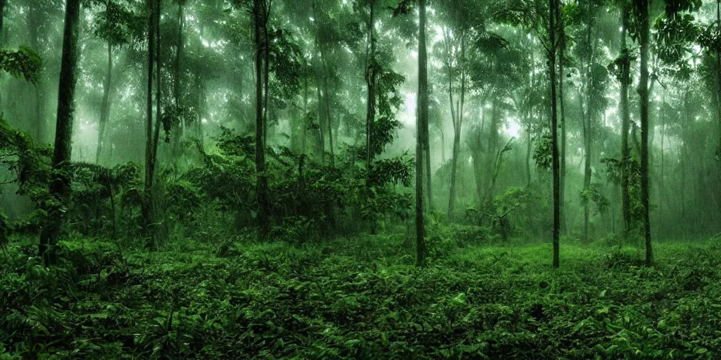 Prompt: ultra wide angle matte painting of a rainy, wet, very green congo forest, majestic!!! beautiful!!!, ethereal!!! ultra realistic, golden hour, volumetric lighting, sharp focus