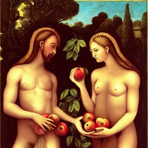 Image similar to adam and eve with apples on their hands