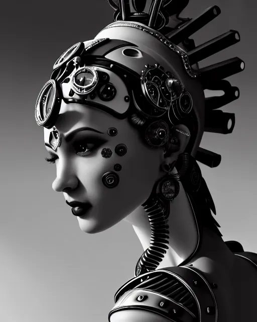 Image similar to black and white side portrait ultra detailed, beautiful female android with steampunk mechanical skin, crown, deity, sharp focus, highly detailed global illumination, concept art. 8 k