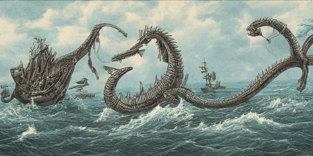 Prompt: the great sea serpent cadborosaurus fighting a ship