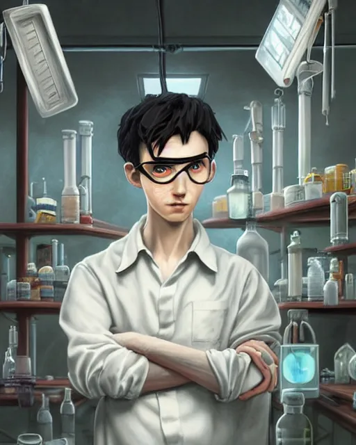 Prompt: An epic fantasy comic book style portrait painting of a young man in a laboratory, very expressive, really short dark gray hairs, round face, wearing a shirt with horizontal stripes, handling laboratory equipment, character design by Mark Ryden and Pixar and Hayao Miyazaki, unreal 5, DAZ, hyperrealistic, octane render, cosplay, RPG portrait, dynamic lighting, intricate detail, summer vibrancy, cinematic