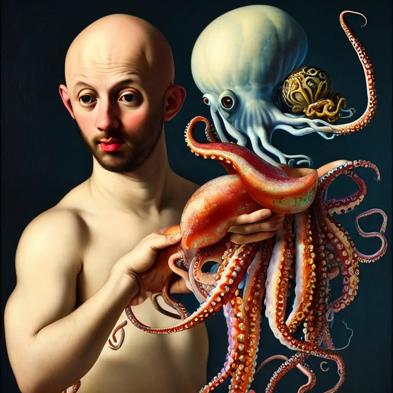 Image similar to young bald man standing in a shell, holding a squid, octopus, sea in the background, beautiful baroque portrait painting, psychedelic, trippy, hallucination, dream, beautiful detailed intricate insanely detailed octane render trending on Artstation, 8K artistic photography, photorealistic, chiaroscuro, Raphael, Caravaggio