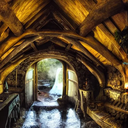 Image similar to inside a medieval hobbit home, ornate, beautiful, atmosphere, vibe, mist, smoke, chimney, rain, wet, pristine, puddles, waterfall, melting, snow, creek, lush, ice, bridge, forest, flowers, akihiko yoshida