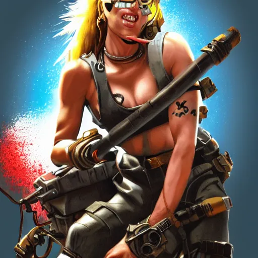 Image similar to tank girl, ultra highly detailed, concept art, fun pose, wild eyes, big hammer, 4 k