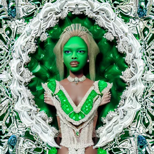 Image similar to portrait of wonderful princess of emeralds with fair skin, green flowers, ornate, 8 k, gorgeous, intricate, detailed, glowing white accent lighting, dramatic lighting, octane render