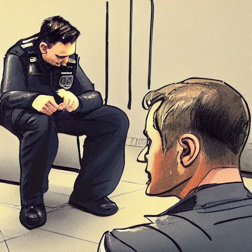 Prompt: photo of the police interrogating a handcuffed Elon musk