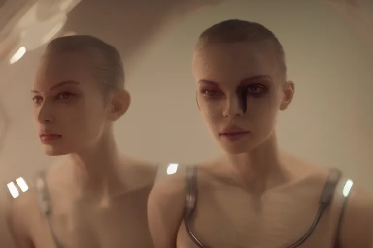 Prompt: VFX movie of a futuristic cyborg space woman model gorgeous portrait in future spaceship, beautiful natural skin neon lighting by Emmanuel Lubezki