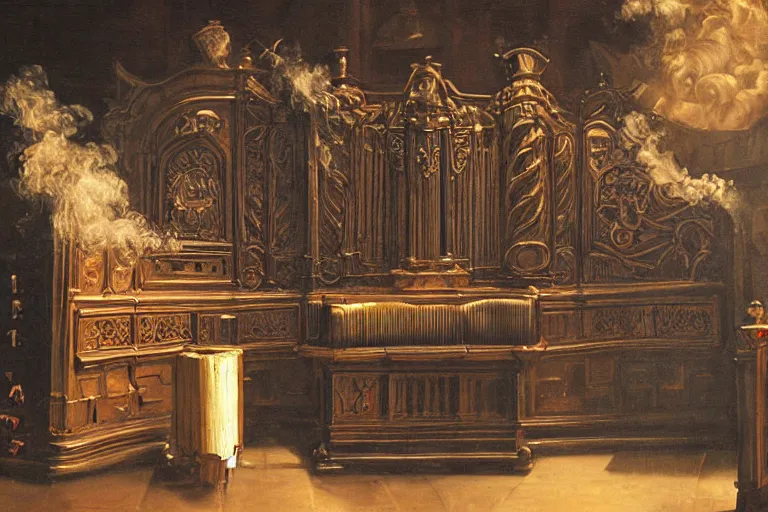 Prompt: pipe organ shape carved into dark smoke, high detail baroque oil painting