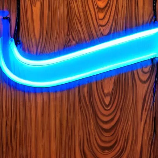 Prompt: a blue twisted glowing neon light covered with a thin layer of gorgeous and detailed wood grain.