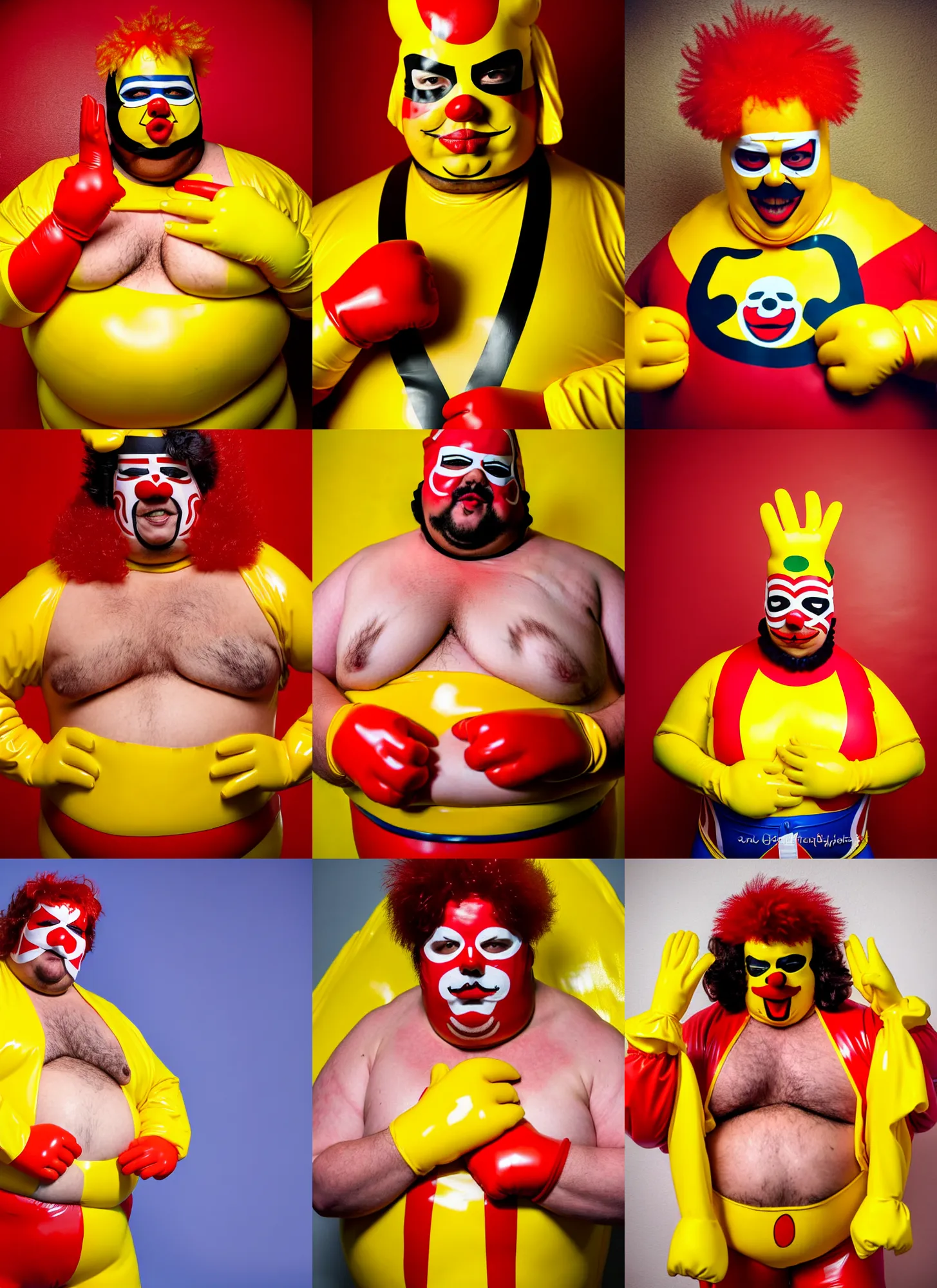 Prompt: wide angle lens portrait of a very chubby looking Lucha libre dressed in yellow and red Ronald McDonald rubber latex costume with red and white color latex sleeves and yellow latex gloves holding a huge sloppy hamburger, bare hairy chest, red Ronald McDonald hair, photography inspired by Oleg Vdovenko