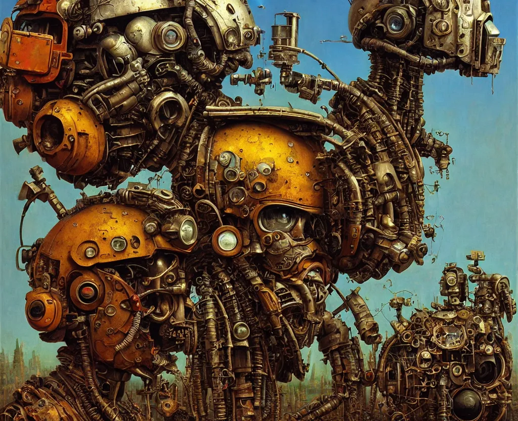 Prompt: junky, cybertronic gadgets and vr helmet, durty colours, rotten textures, rusty shapes, biotechnology, norman rockwell, tim hildebrandt, dariusz zawadzki, bruce pennington, larry elmore, intricate complicity, hyperrealistic oil painting on canvas, deep depth field, masterpiece, cinematic composition, hyper - detailed