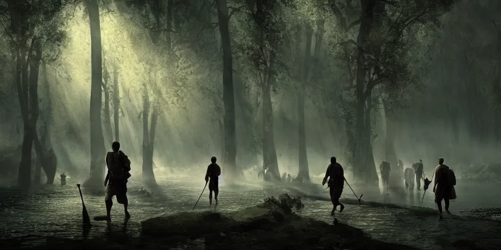 Image similar to muslim adventurers walking along the river bank in a forest, an epic fantasy, dramatic lighting, cinematic, extremely high detail, photorealistic, cinematic lighting, artstation, by Christopher Nolan, 50mm lens, shadow of the tomb rider
